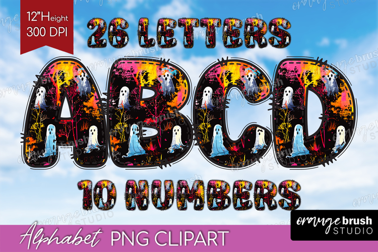 Neon Halloween Doodle Aphabet Clipart - Spooky Letters PNG