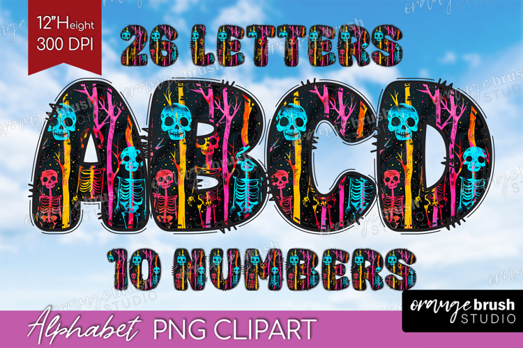 Neon Halloween Doodle Aphabet Clipart - Spooky Letters PNG