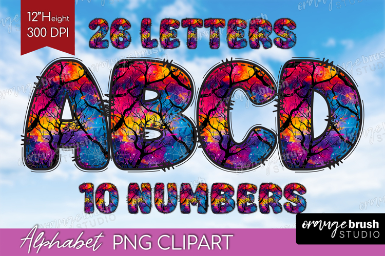 Neon Halloween Doodle Aphabet Clipart - Spooky Letters PNG