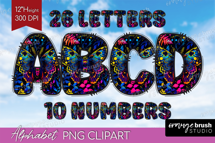 Neon Halloween Doodle Aphabet Clipart - Spooky Letters PNG