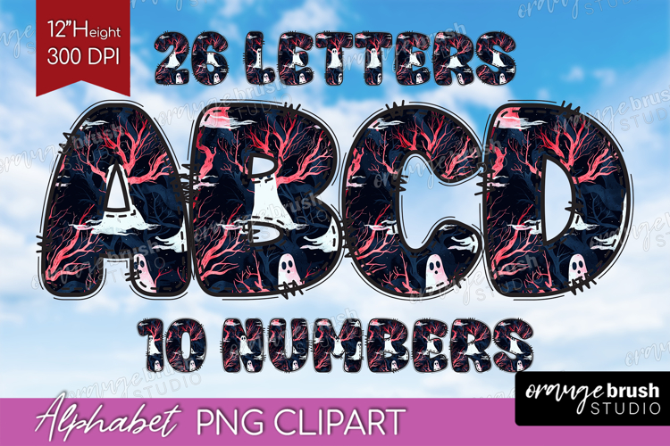 Neon Halloween Doodle Aphabet Clipart - Spooky Letters PNG