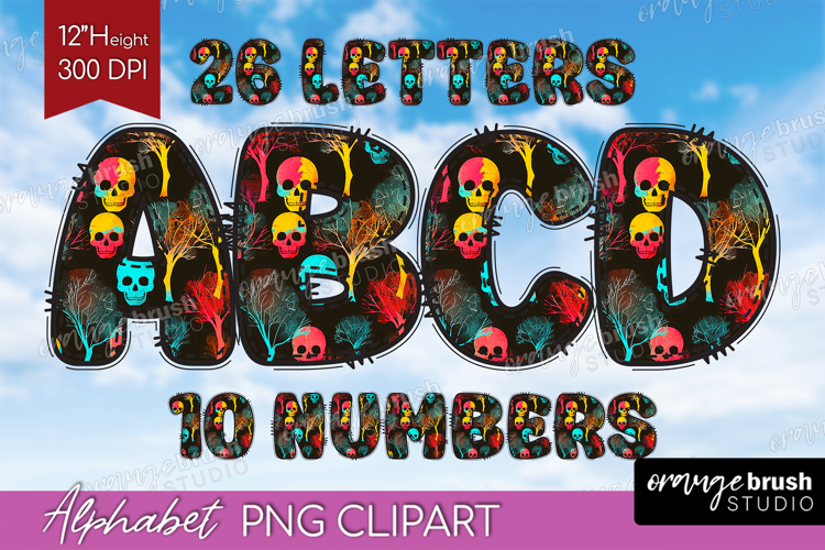 Neon Halloween Doodle Aphabet Clipart - Spooky Letters PNG