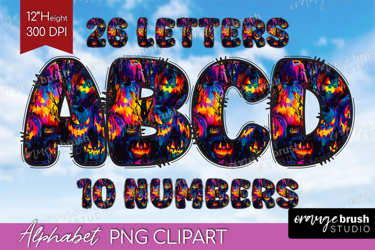 Neon Halloween Doodle Aphabet Clipart - Spooky Letters PNG