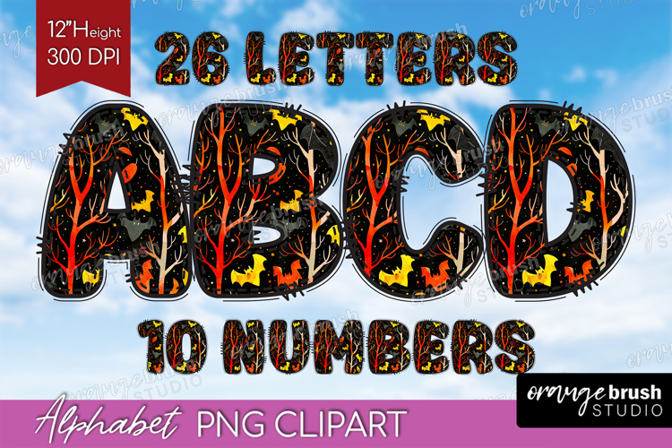Neon Halloween Doodle Aphabet Clipart - Spooky Letters PNG