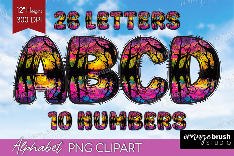 Neon Halloween Doodle Aphabet Clipart - Spooky Letters PNG