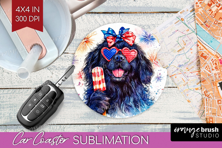 Newfoundland Dog Car Coaster 4th Of July Coaster PNG