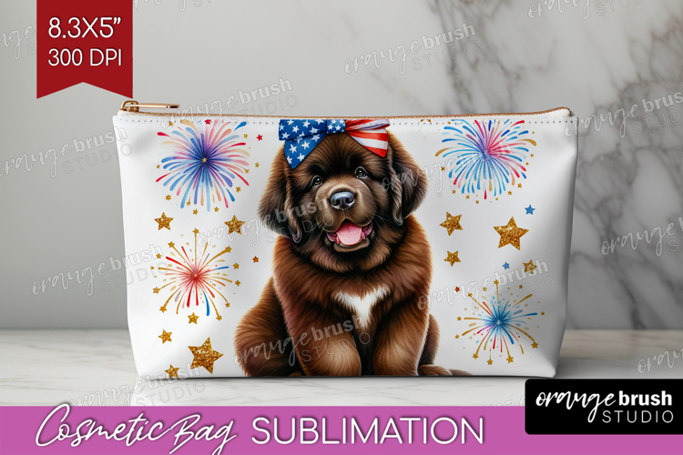 Newfoundland Dog Cosmetic Bag Patriotic Dog Makeup Bag PNG