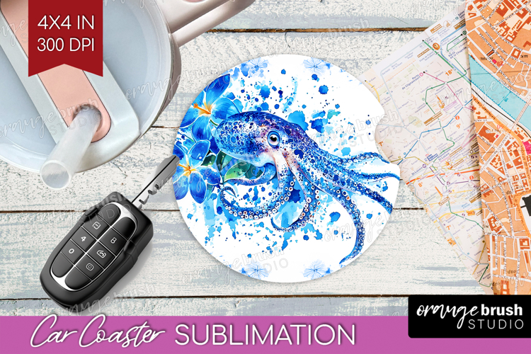 Octopus Floral Car Coaster Blue Flowers Coaster PNG
