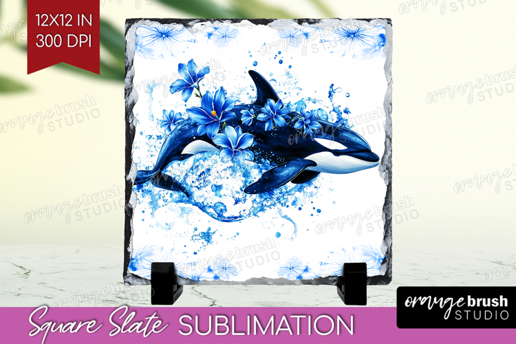 Orca Floral Slate PNG Blue Flowers Square Slate Sublimation