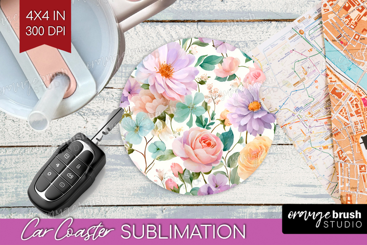 Pastel Flowers Car Coaster - Summer Coaster PNG Sublimation