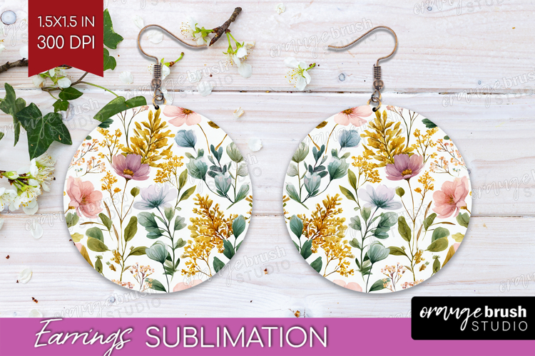 Pastel Flowers Round Earrings - Summer PNG Sublimation example image 1