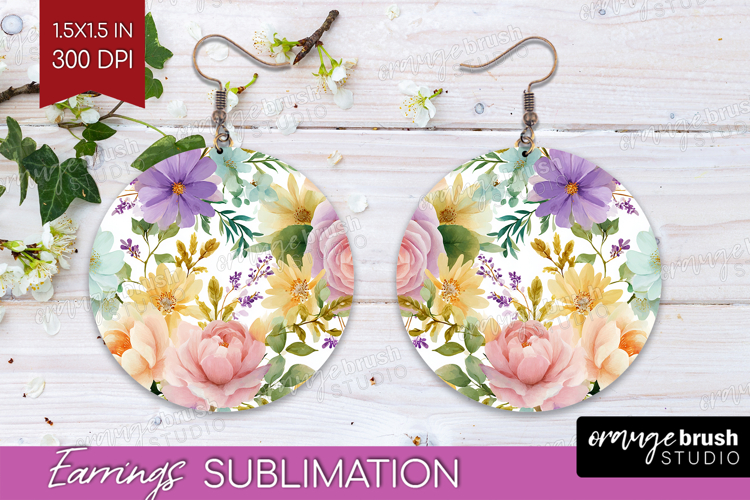 Pastel Flowers Round Earrings - Summer PNG Sublimation example image 1