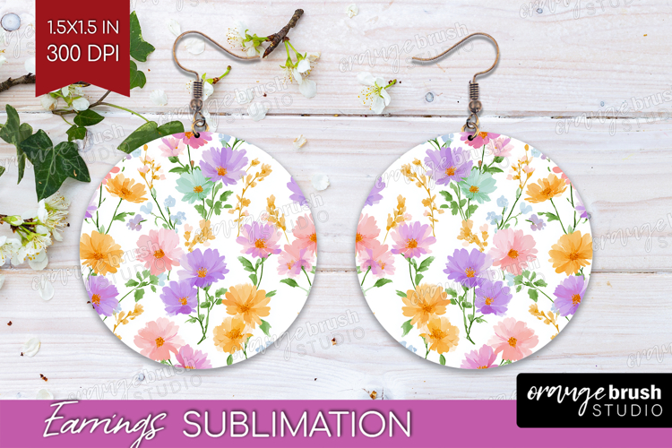 Pastel Flowers Round Earrings - Summer PNG Sublimation example image 1