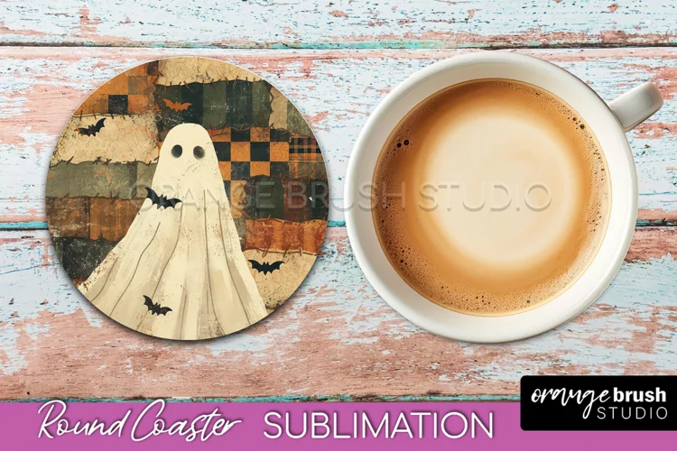 Ghost Coaster, Patchwork Halloween Round Coaster Sublimation