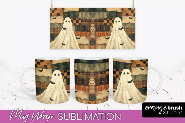 Ghost Mug Wrap - Patchwork Halloween Mug Sublimation
