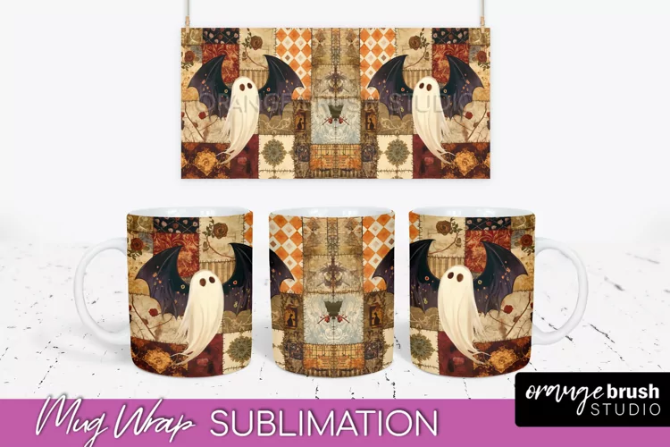 Ghost Mug Wrap - Patchwork Halloween Mug Sublimation