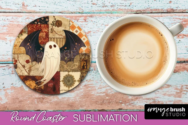 Ghost Coaster, Patchwork Halloween Round Coaster Sublimation