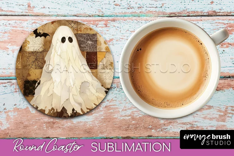 Ghost Coaster, Patchwork Halloween Round Coaster Sublimation