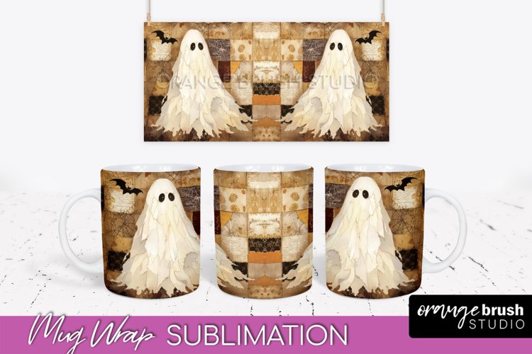Ghost Mug Wrap - Patchwork Halloween Mug Sublimation example image 1