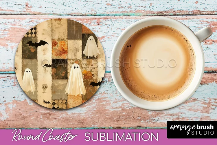 Ghost Coaster, Patchwork Halloween Round Coaster Sublimation
