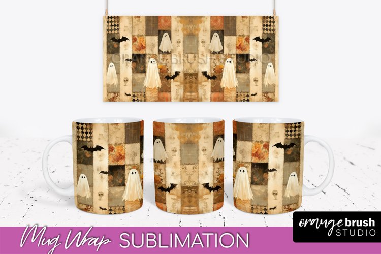 Ghost Mug Wrap - Patchwork Halloween Mug Sublimation example image 1