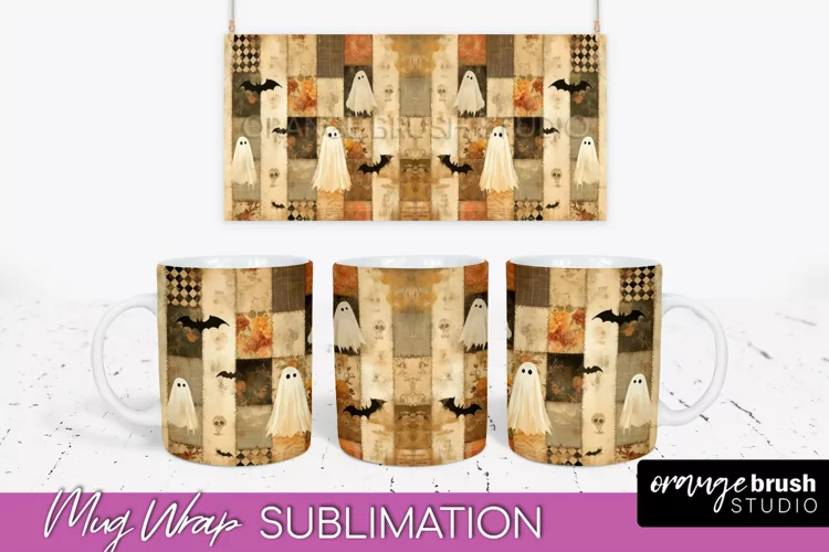Ghost Mug Wrap - Patchwork Halloween Mug Sublimation