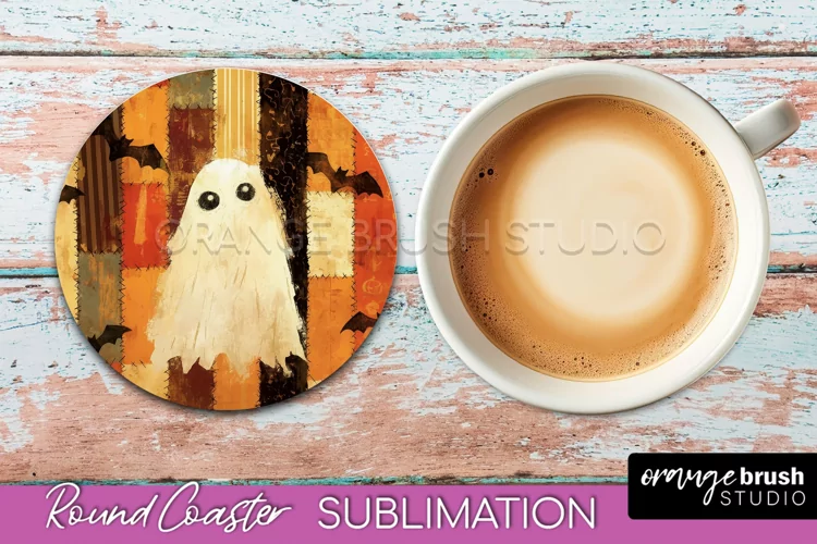 Ghost Coaster, Patchwork Halloween Round Coaster Sublimation
