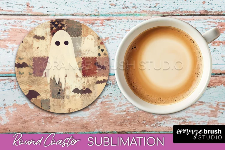 Ghost Coaster, Patchwork Halloween Round Coaster Sublimation