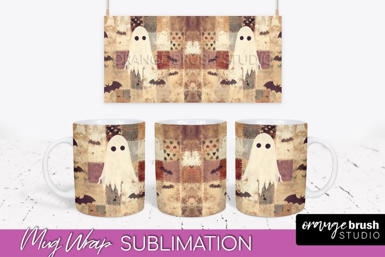 Ghost Mug Wrap - Patchwork Halloween Mug Sublimation example image 1