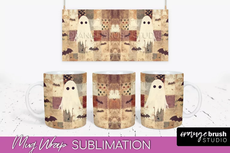 Ghost Mug Wrap - Patchwork Halloween Mug Sublimation