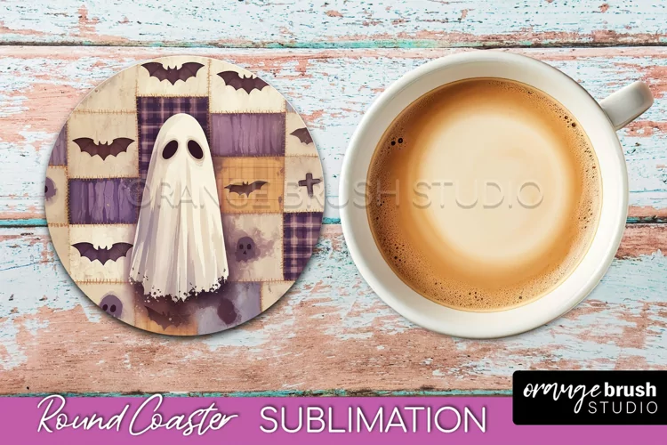 Ghost Coaster, Patchwork Halloween Round Coaster Sublimation