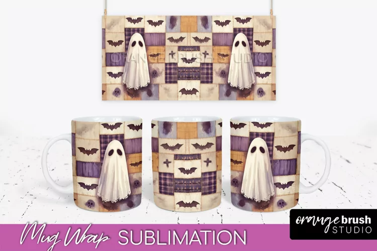 Ghost Mug Wrap - Patchwork Halloween Mug Sublimation