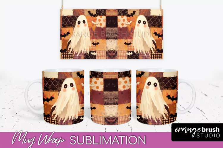 Ghost Mug Wrap - Patchwork Halloween Mug Sublimation