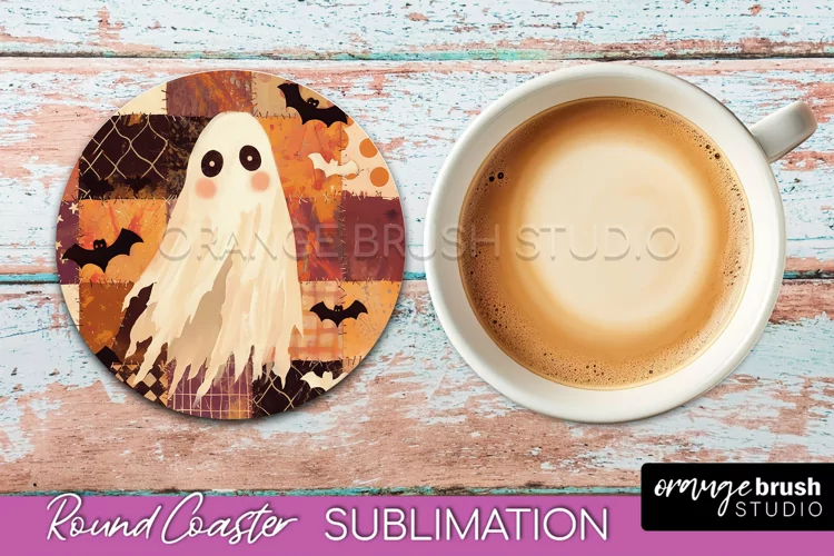 Ghost Coaster, Patchwork Halloween Round Coaster Sublimation
