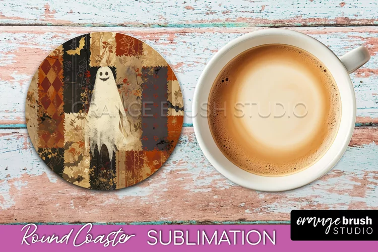 Ghost Coaster, Patchwork Halloween Round Coaster Sublimation