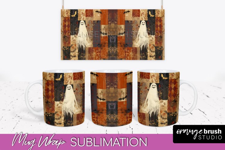 Ghost Mug Wrap - Patchwork Halloween Mug Sublimation example image 1