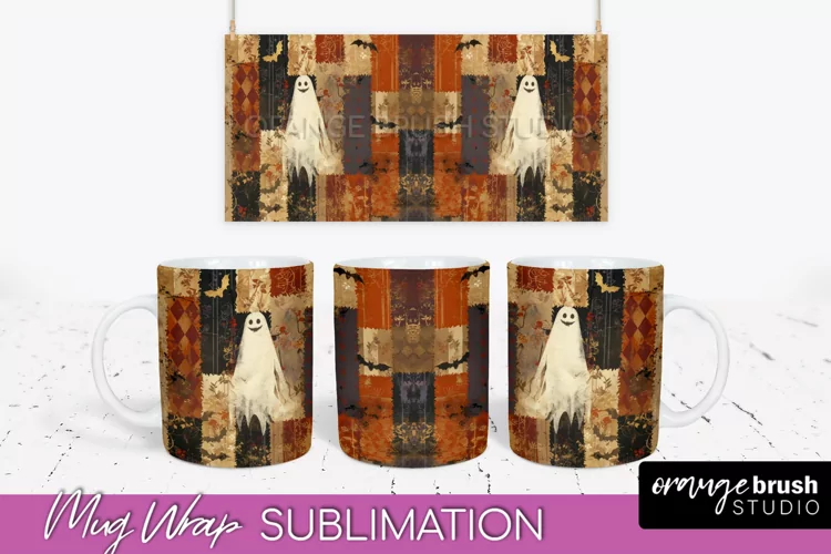 Ghost Mug Wrap - Patchwork Halloween Mug Sublimation