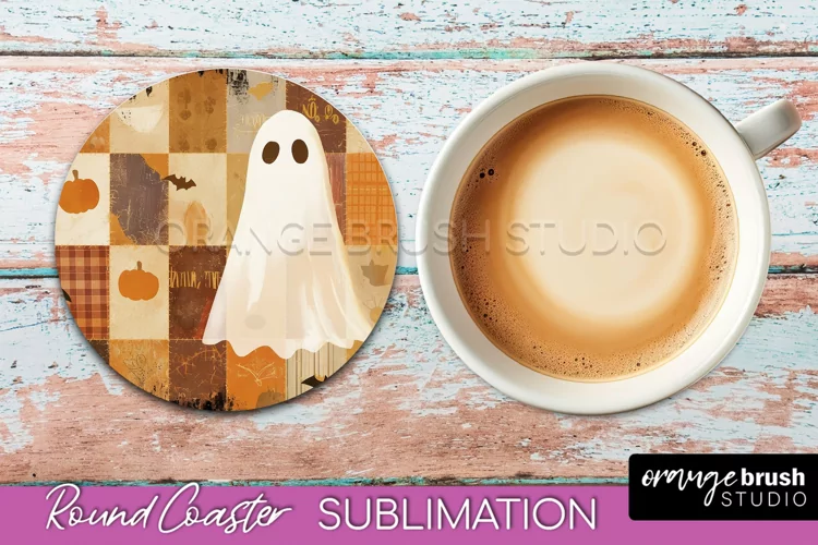 Ghost Coaster, Patchwork Halloween Round Coaster Sublimation