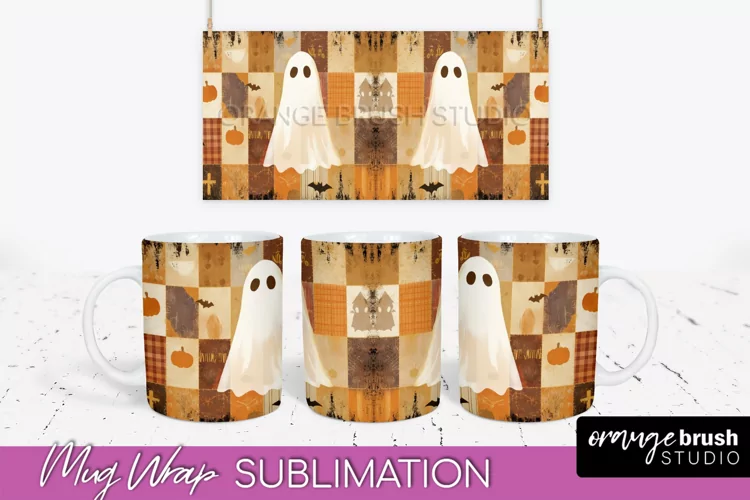 Ghost Mug Wrap - Patchwork Halloween Mug Sublimation