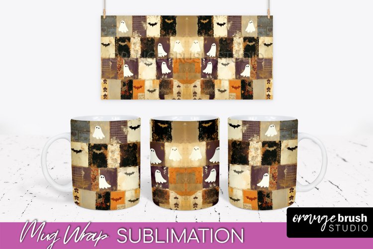 Ghost Mug Wrap - Patchwork Halloween Mug Sublimation example image 1