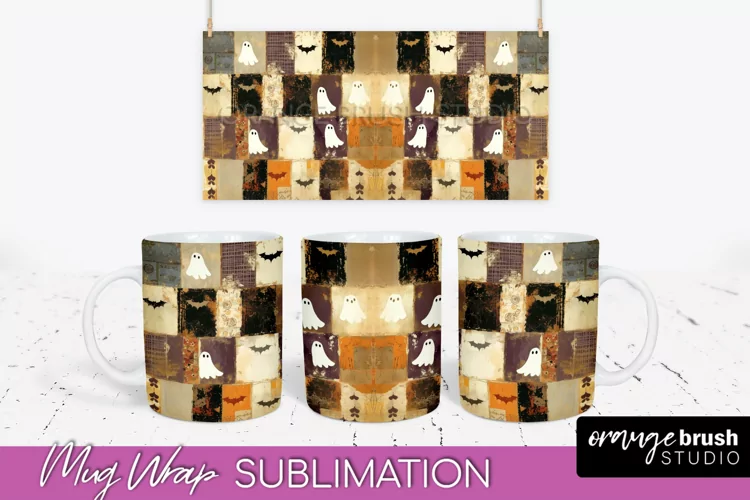 Ghost Mug Wrap - Patchwork Halloween Mug Sublimation