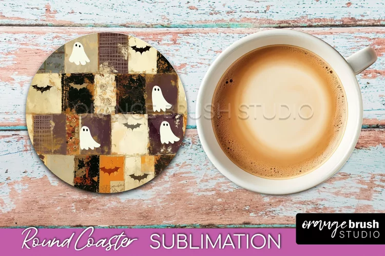Ghost Coaster, Patchwork Halloween Round Coaster Sublimation