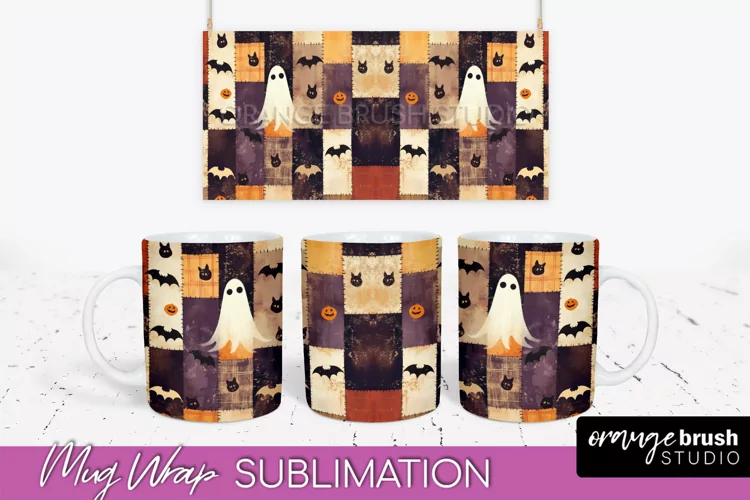 Ghost Mug Wrap - Patchwork Halloween Mug Sublimation