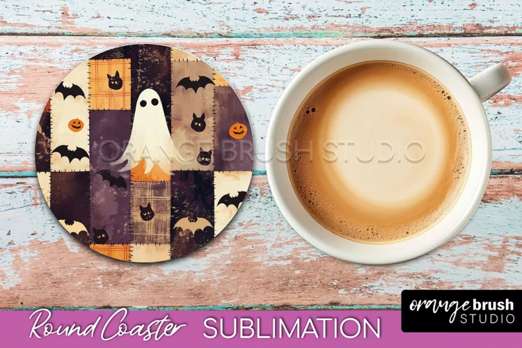 Ghost Coaster, Patchwork Halloween Round Coaster Sublimation