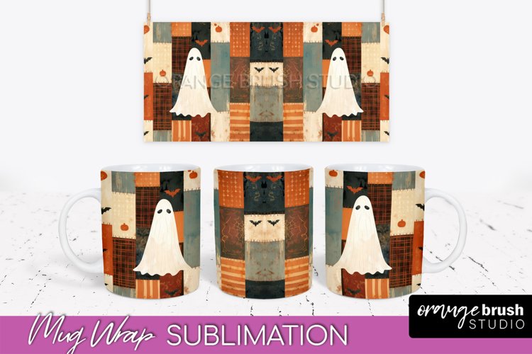Ghost Mug Wrap - Patchwork Halloween Mug Sublimation example image 1