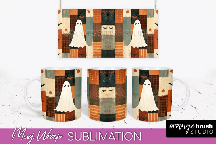 Ghost Mug Wrap - Patchwork Halloween Mug Sublimation