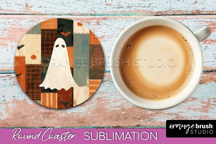 Ghost Coaster, Patchwork Halloween Round Coaster Sublimation