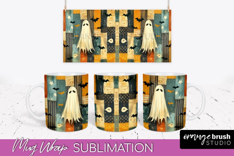 Ghost Mug Wrap - Patchwork Halloween Mug Sublimation example image 1