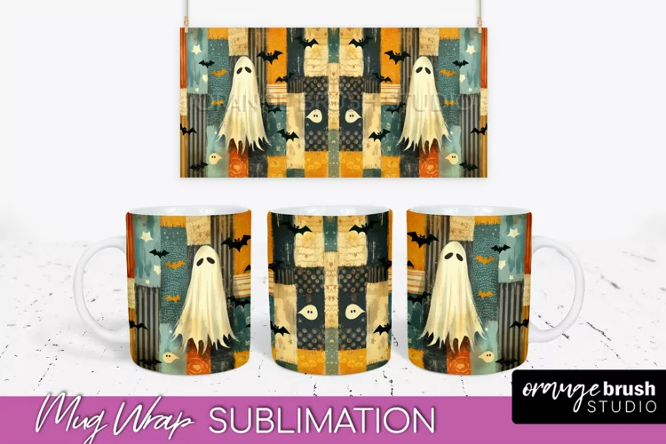 Ghost Mug Wrap - Patchwork Halloween Mug Sublimation