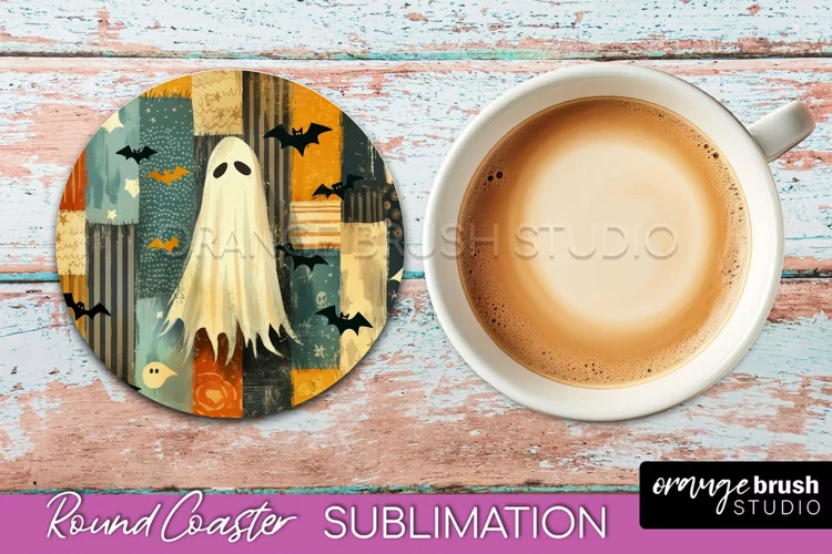 Ghost Coaster, Patchwork Halloween Round Coaster Sublimation